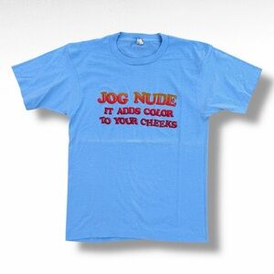Vintage 80s Screen Stars Jog Nude T-Shirt Blue Size Medium Funny Novelty